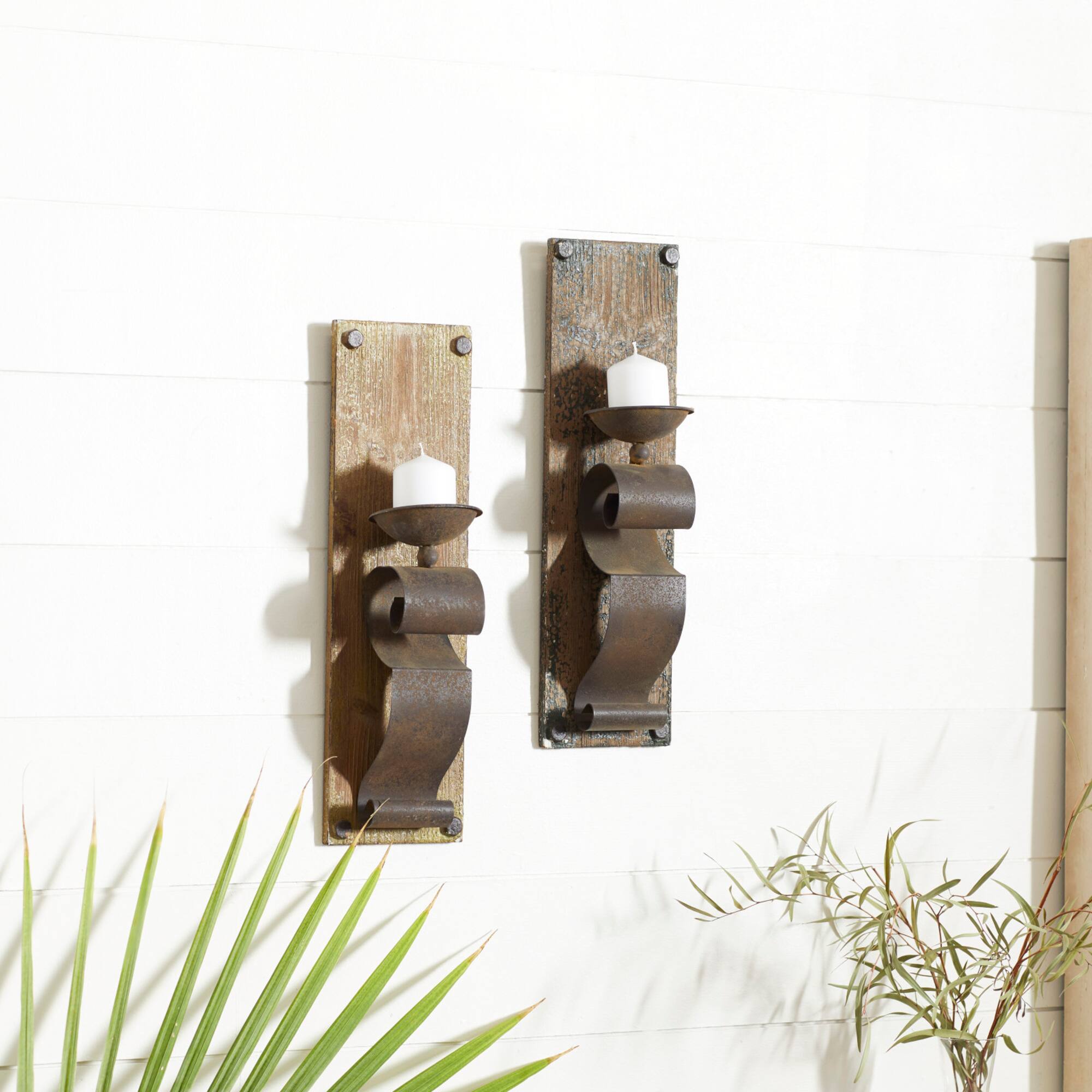 Set of 2 Brown Wood Rustic Wall Sconce, 6" x 19"